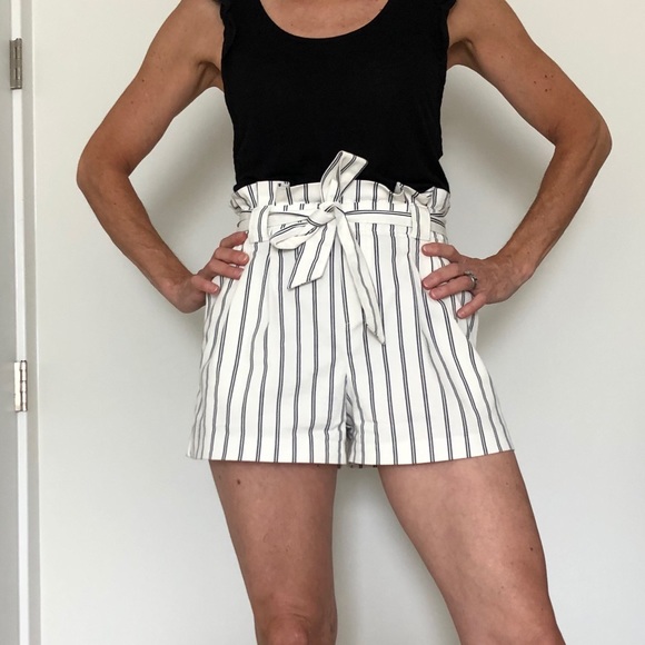 blue and white striped paperbag shorts